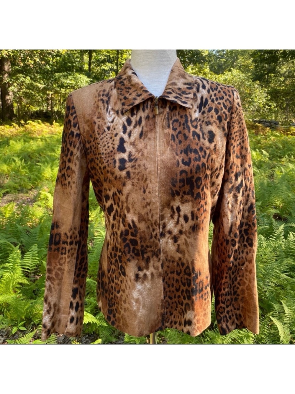 DANA BUCHMAN Jacket Coat brown gold leopard print Linen Size 6 zip front